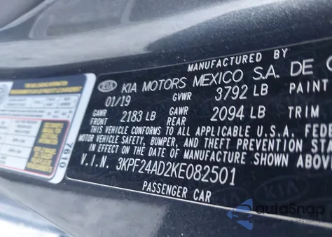 2019 Kia Forte Lxs from USA, damaged, VIN 3KPF24AD2KE082501